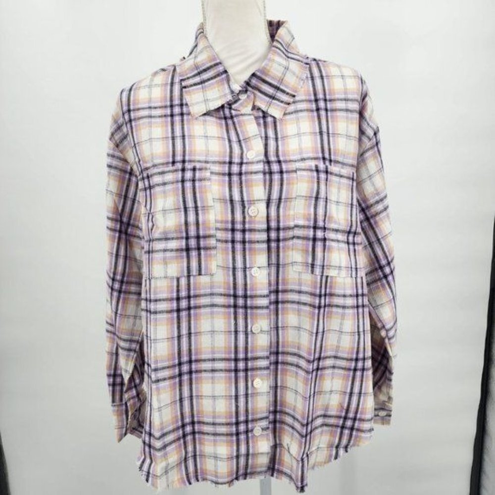 VEVERET Plaid Button Down Long Sleeve Raw Hem Shacket Shirt Lavender M & L NWT - Picture 7 of 16